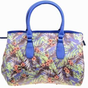 Tropical Floral Print Tote Bag – Vegan Leather Handbag w/ Blue Handles - Women
